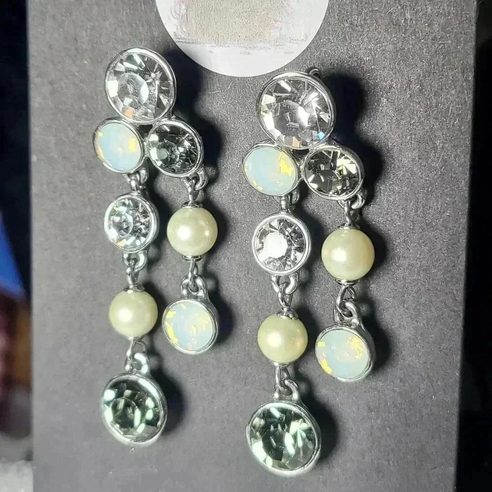 Givenchy crystal fuax opal pearl drop earrings slivertone stud earrings - Picture 13 of 16